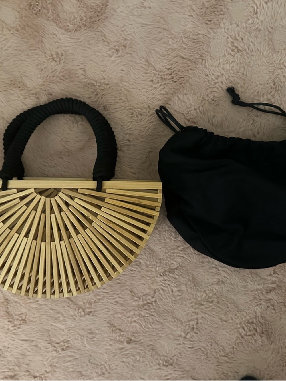 Small Semi-Circle Bamboo Tote with Black Woven Handle and Inside Purse - Picture 7 of 7